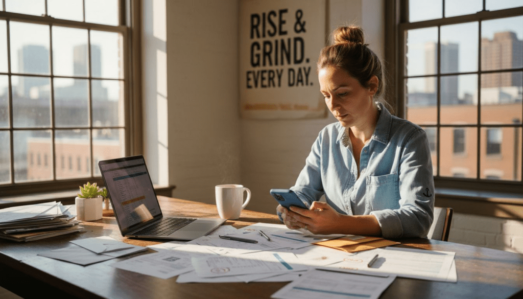 Small business owner juggling workflow tasks