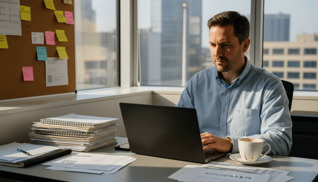 Small business owner using CRM in office