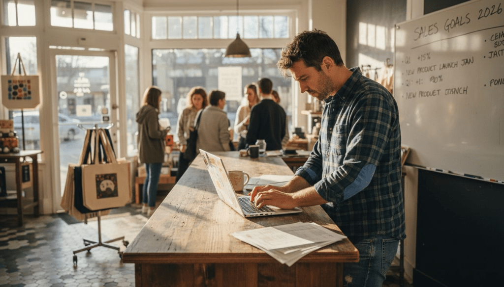 Shop owner reviewing sales plans for growth