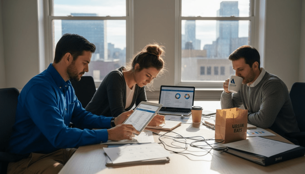 Small business team discusses automation at office table