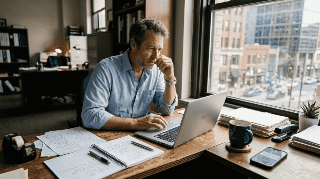 Small business owner at busy sales desk