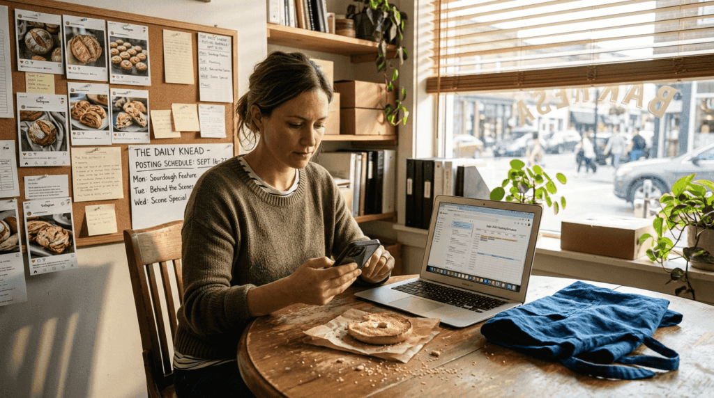 Small business owner checking social media in bakery office