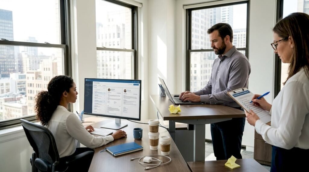 Recruitment team at work in corner office