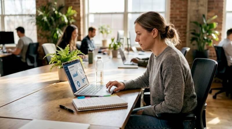 Marketing manager reviews automated campaign dashboard