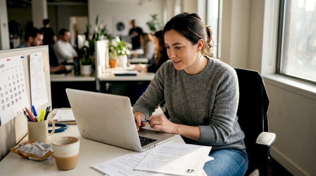 Recruiter reviewing digital candidate profiles at desk
