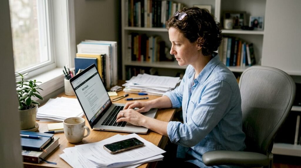 Small business owner updating website for SEO