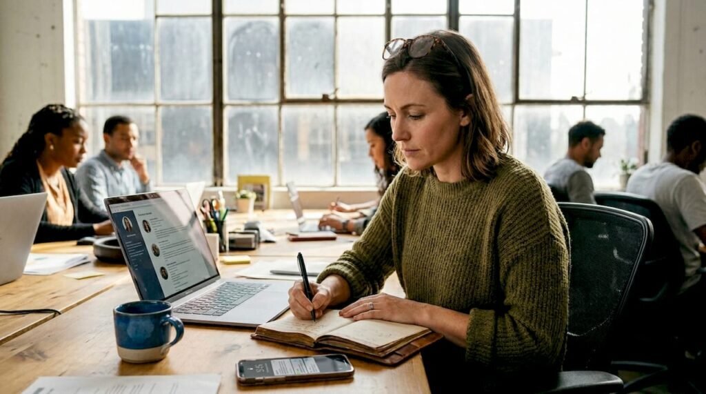 Woman reviewing resumes in coworking office