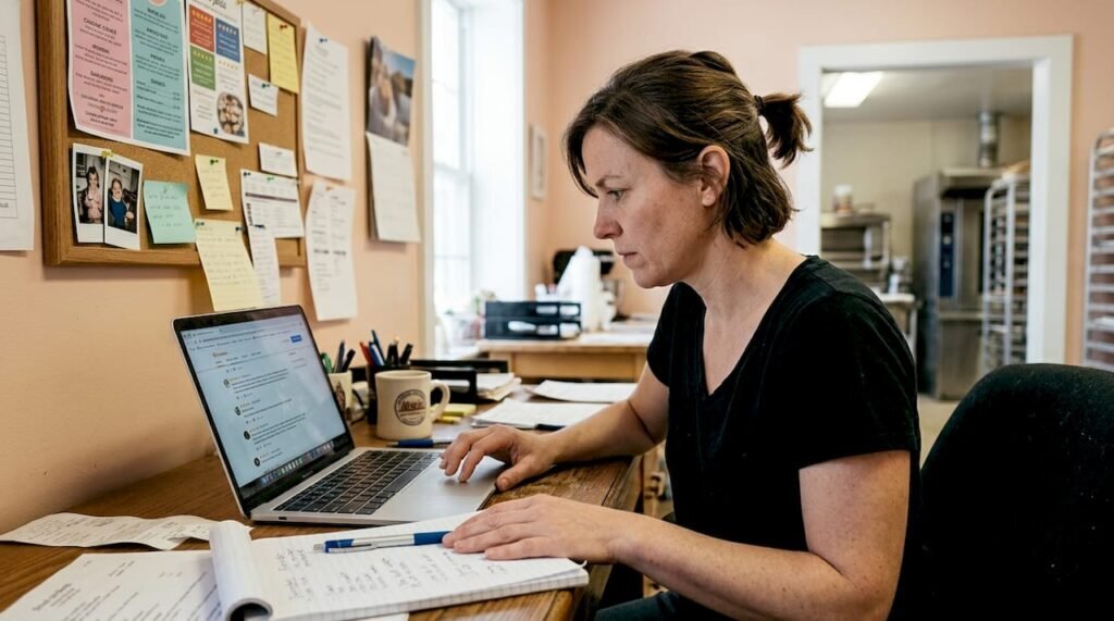 Small business owner reading online reviews