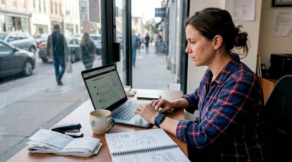 Business owner checking online reviews at desk