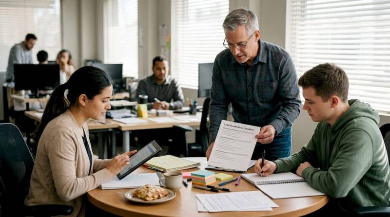 Sales team reviewing digital leads in workspace