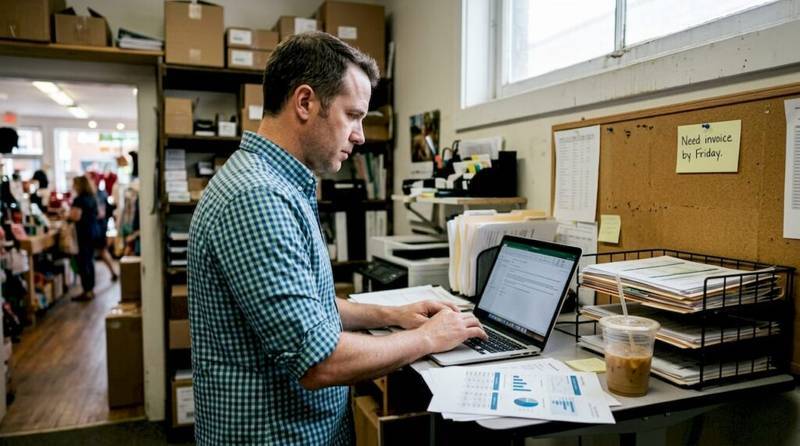 Small business owner using digital tools in office