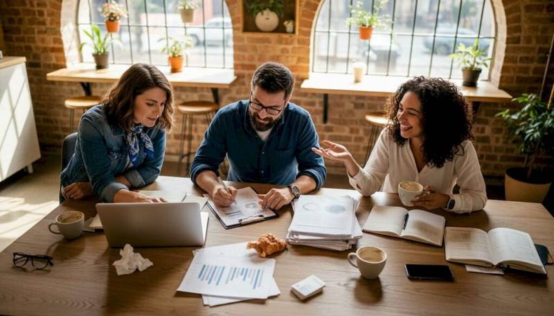 Small business team collaborating in café