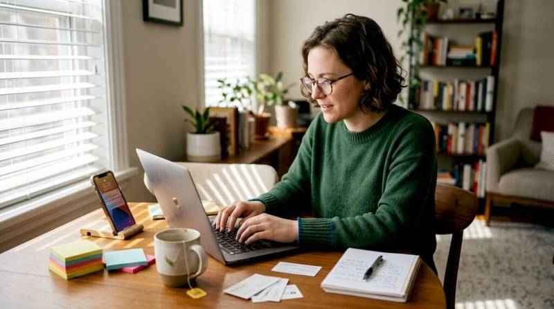 Home office scene with woman nurturing leads