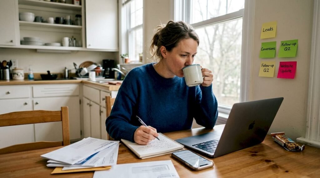 Founder reviewing sales leads at kitchen table