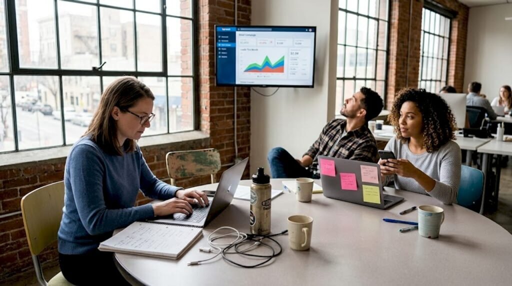 Team works on marketing automation in coworking space