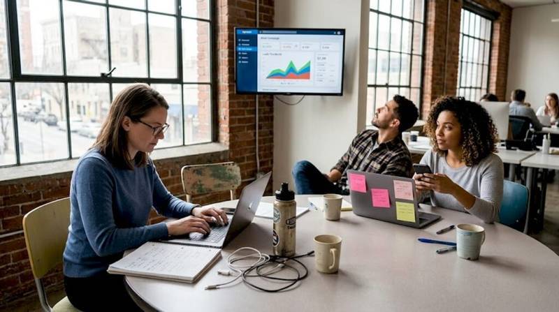 Team works on marketing automation in coworking space