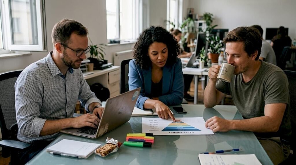 Team reviewing printed sales funnel