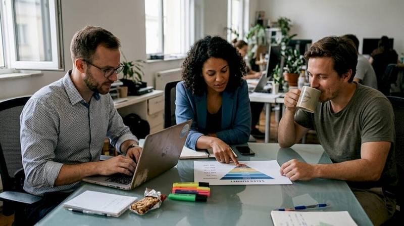 Team reviewing printed sales funnel