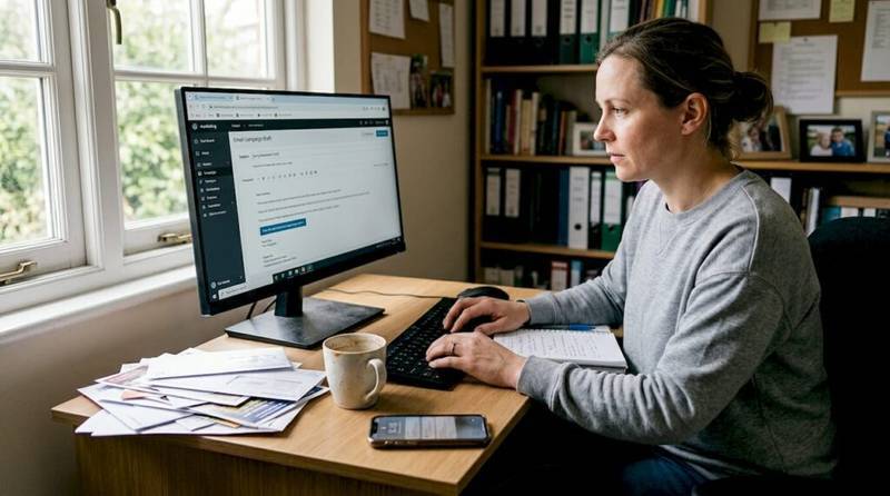 Small business owner working on email campaign