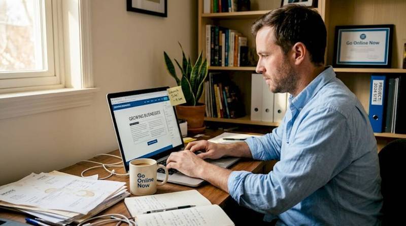Entrepreneur updating business website in home office