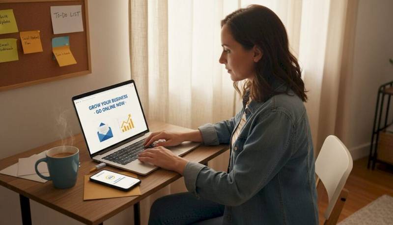 Woman working on email marketing at home