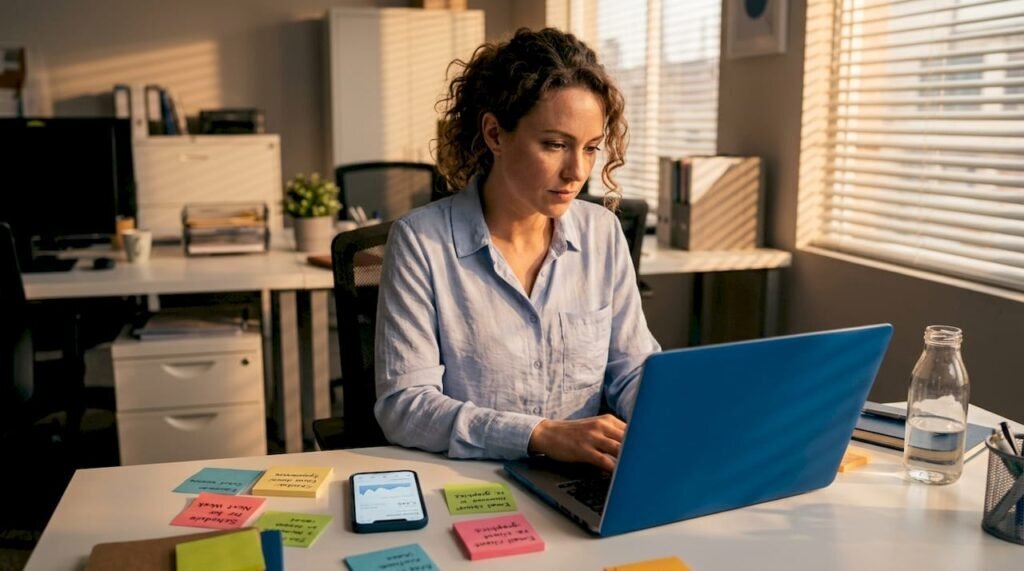 Marketer schedules blog posts at cluttered desk