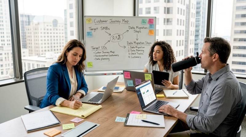 Small business team reviewing CRM workflow steps