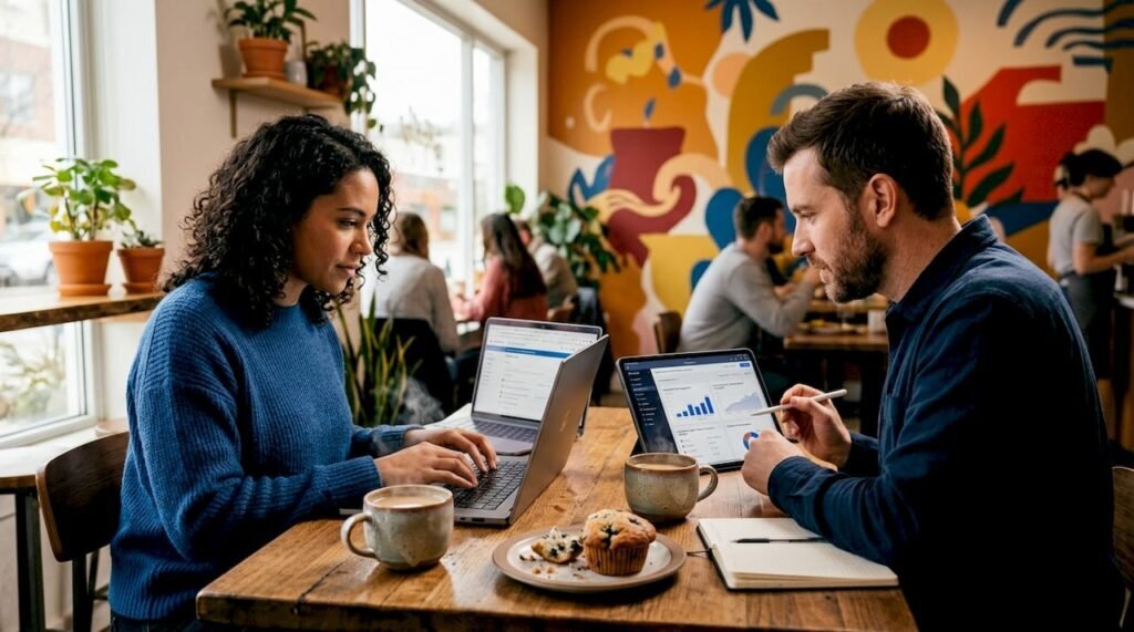 Small business owners working with digital devices in café