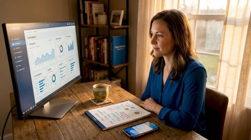 Marketer planning digital campaign on computer
