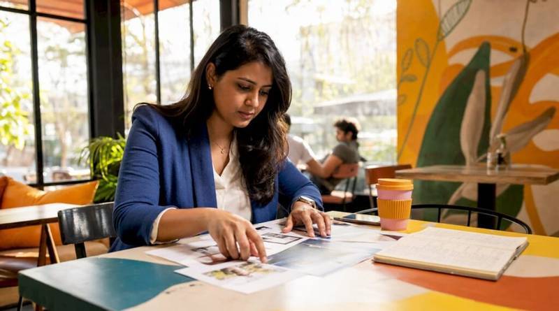 Woman reviewing digital marketing documents
