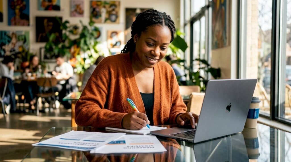 Woman planning content marketing strategy at table