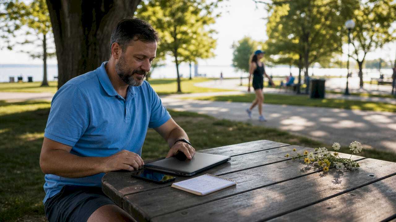 Man planning Facebook content strategy at cafe