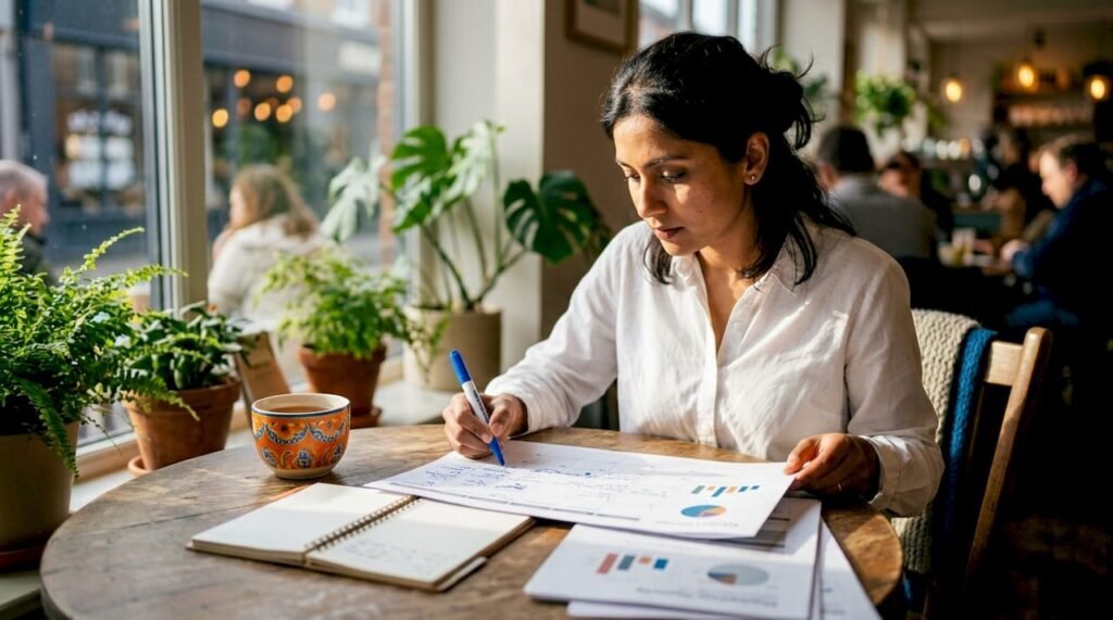 Content marketing executive reviewing editorial calendar
