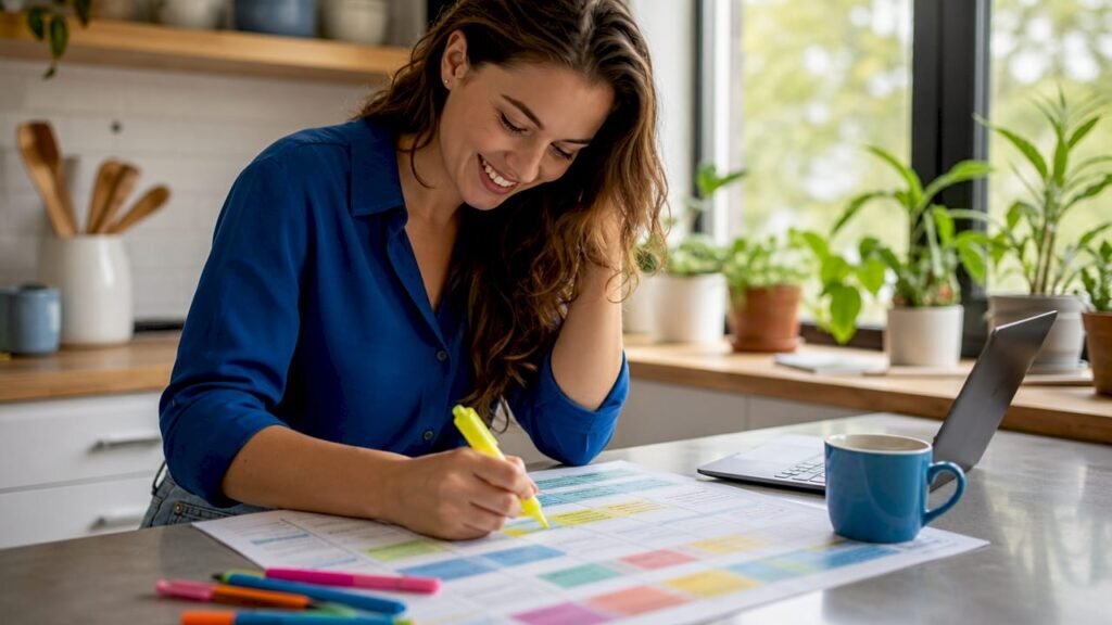 Small business owner planning social media calendar at desk