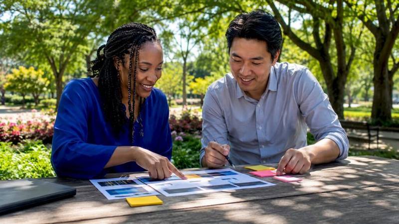 Two professionals reviewing marketing plan templates