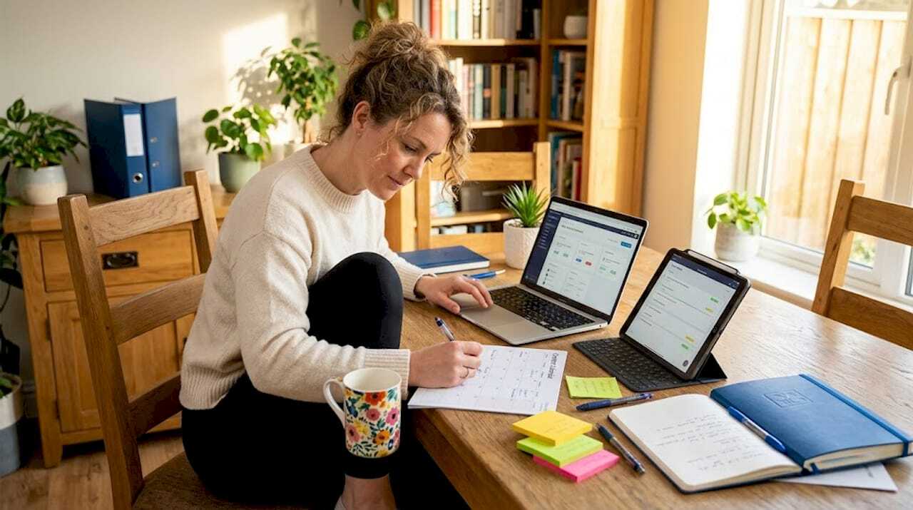 Woman planning content calendar at kitchen table