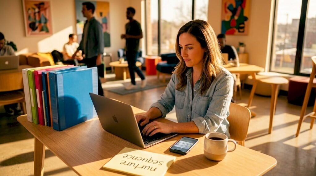 Marketer emailing leads at shared workspace