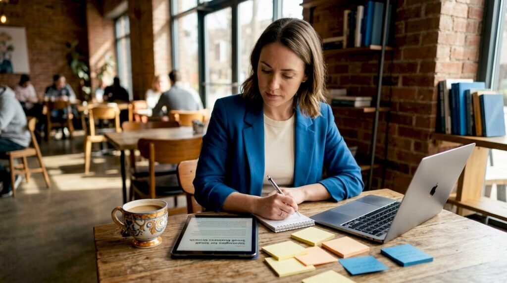 Marketer planning content at kitchen table