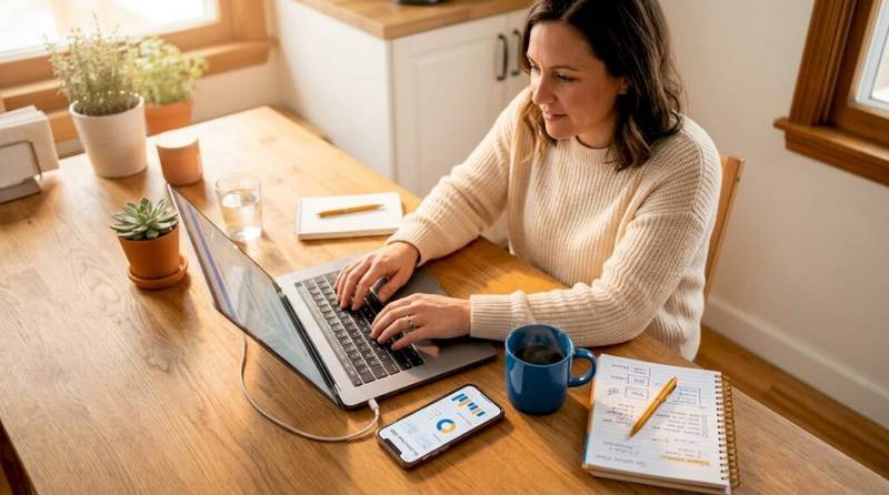 Small business owner evaluates CRM at home