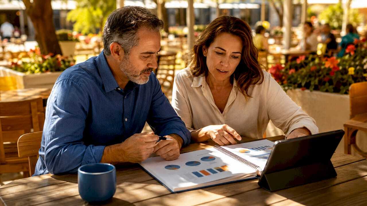 Two people discussing marketing channels in café