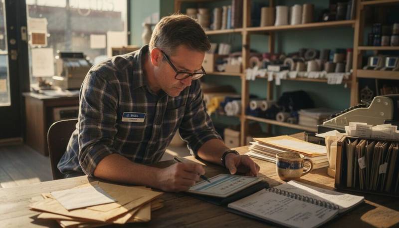 Business owner checks reviews at cluttered desk