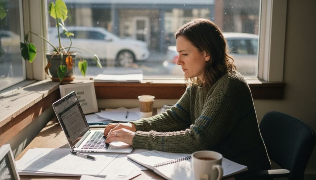 Small business owner sending marketing emails in office