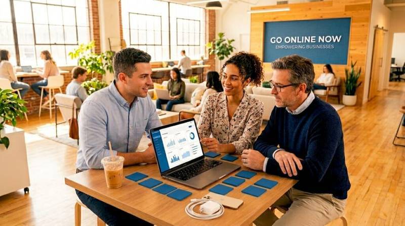 Small team discusses CRM in corner office