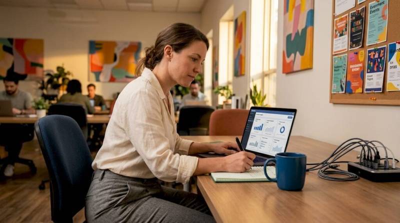 Woman planning digital content strategy at coworking desk