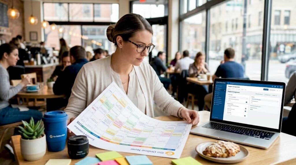 Woman reviewing content workflow in co-working office