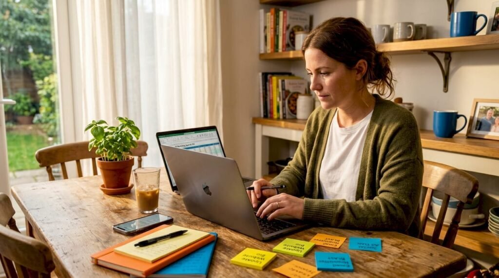 Small business owner working at kitchen table