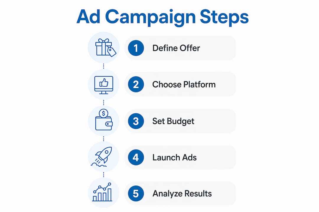 Infographic showing five steps to launch ad campaign