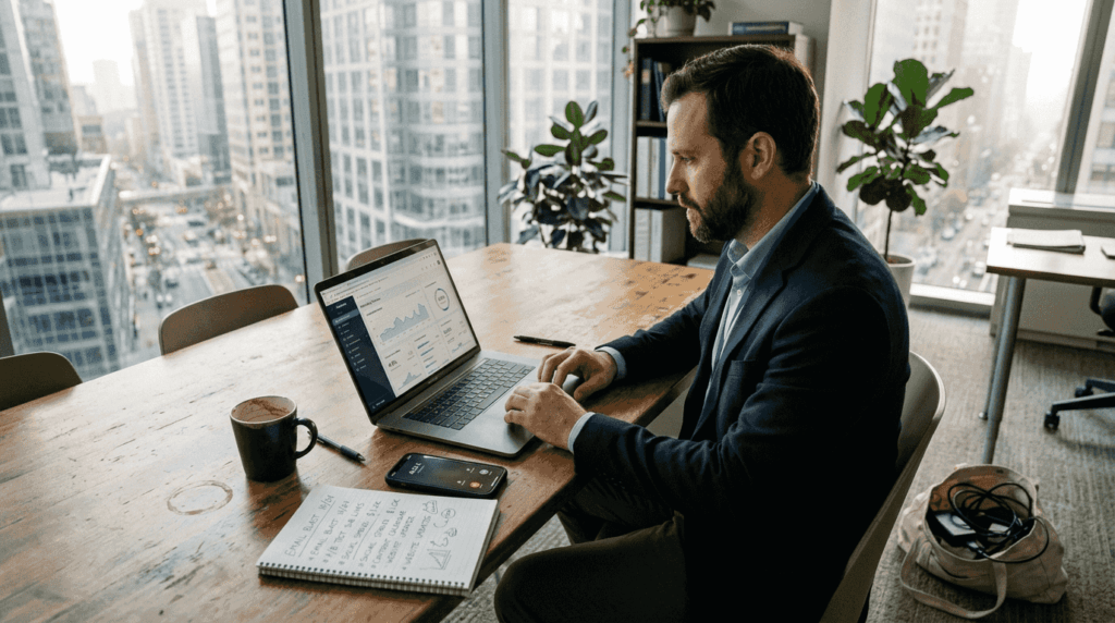 Small business owner reviewing marketing dashboard