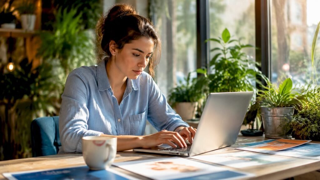 Owner working on online ads at home office