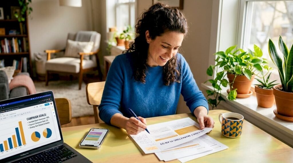 Small business owner reviewing marketing plan